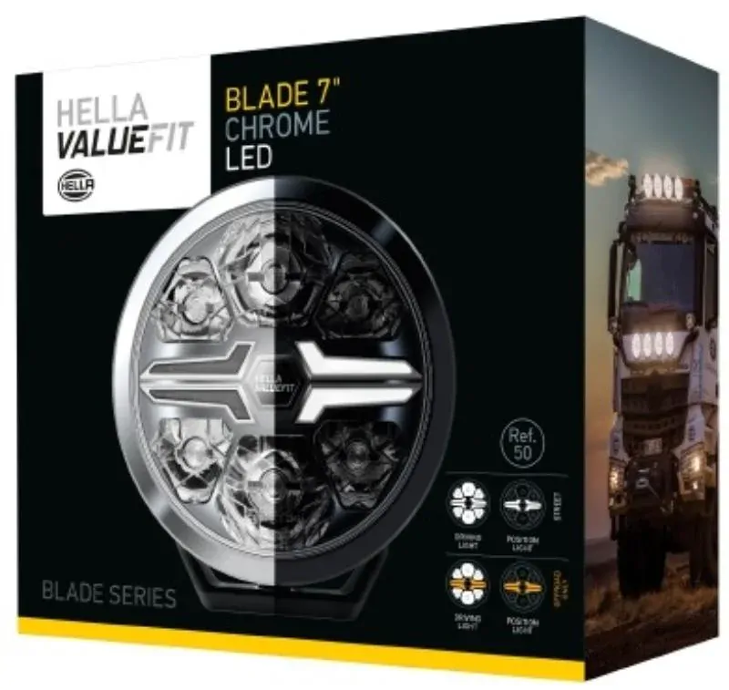 Reflektor Hella ValueFit Chrome Blade 22,86cm s oranžovou/bílou pozičkou, REF. 50, 18W, ECE, IP69k, 12-24V