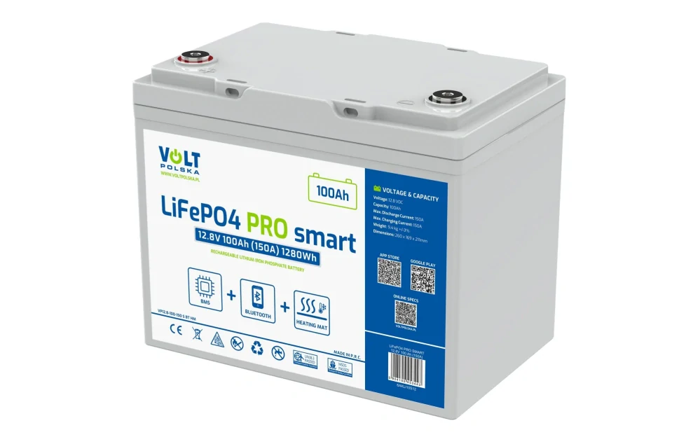 LiFePO4 PRO SMART akumulátor Volt Polska 12,8V 100Ah 150A BMS Bluetooth Vyhřívání