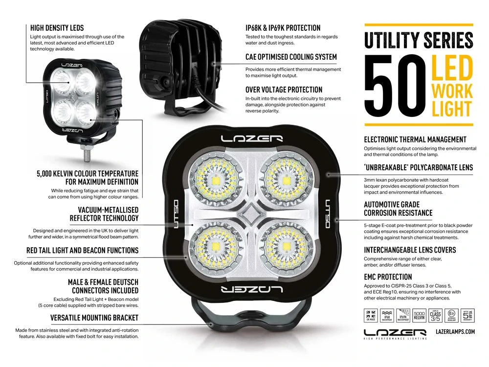 LED pracovní světlo LAZER UTILITY-50, s funkcí červeného pozičního světla a majáku (strobo), 5000lm, 10-32V, ECE R10