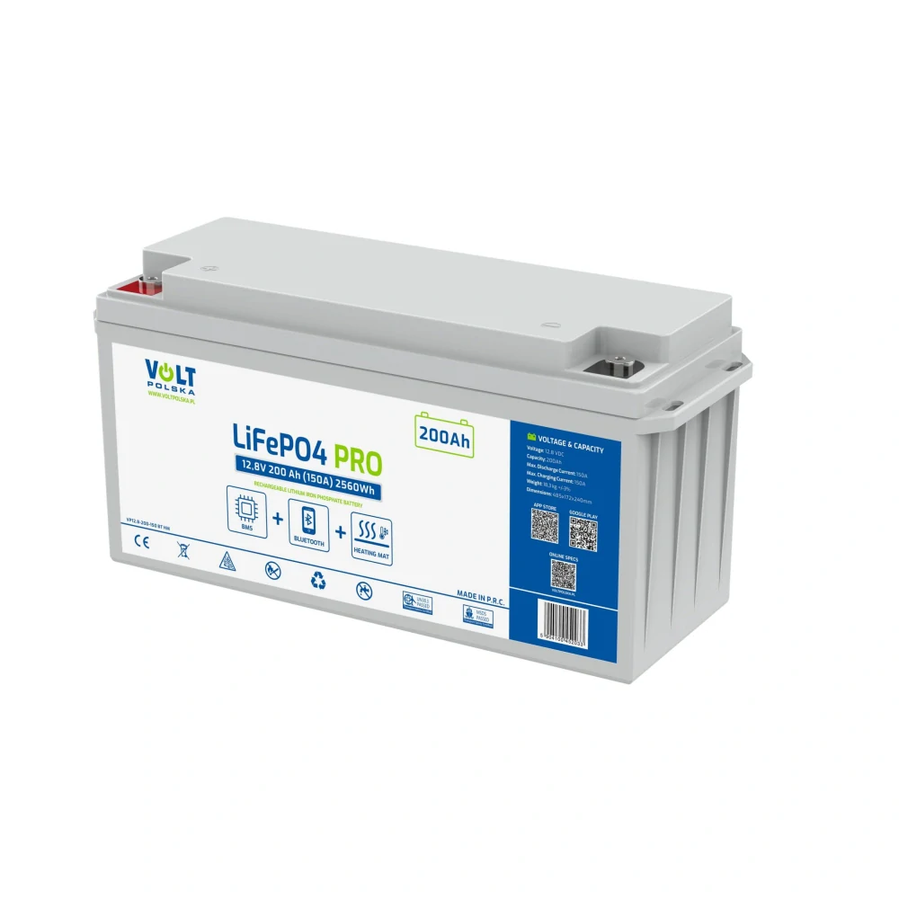 LiFePO4 PRO akumulátor Volt Polska 12,8V 200Ah 200A BMS Bluetooth s vyhříváním