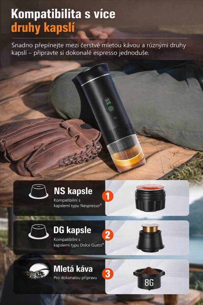 Cestovní kávovar Carclever na espresso 3v1, Nabíjecí, 40- 80 ml