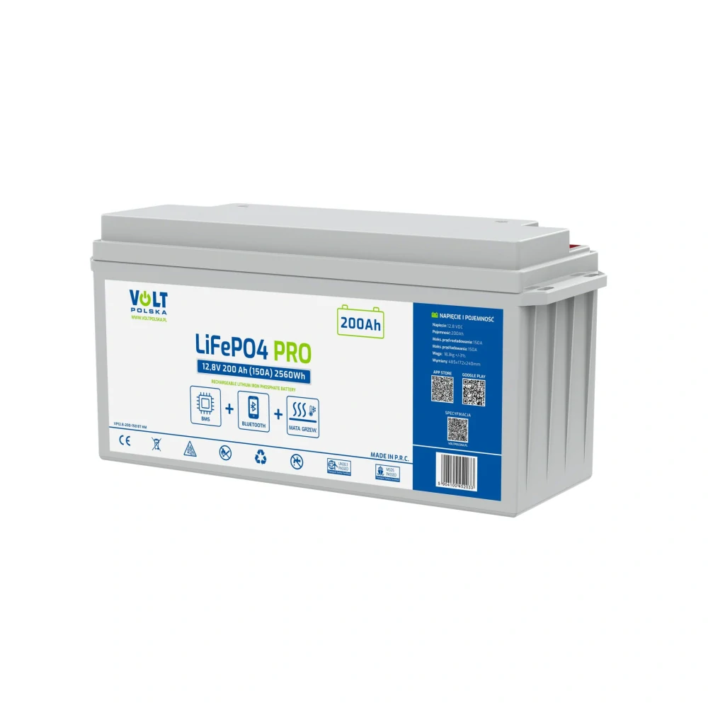 LiFePO4 PRO akumulátor Volt Polska 12,8V 200Ah 200A BMS Bluetooth s vyhříváním