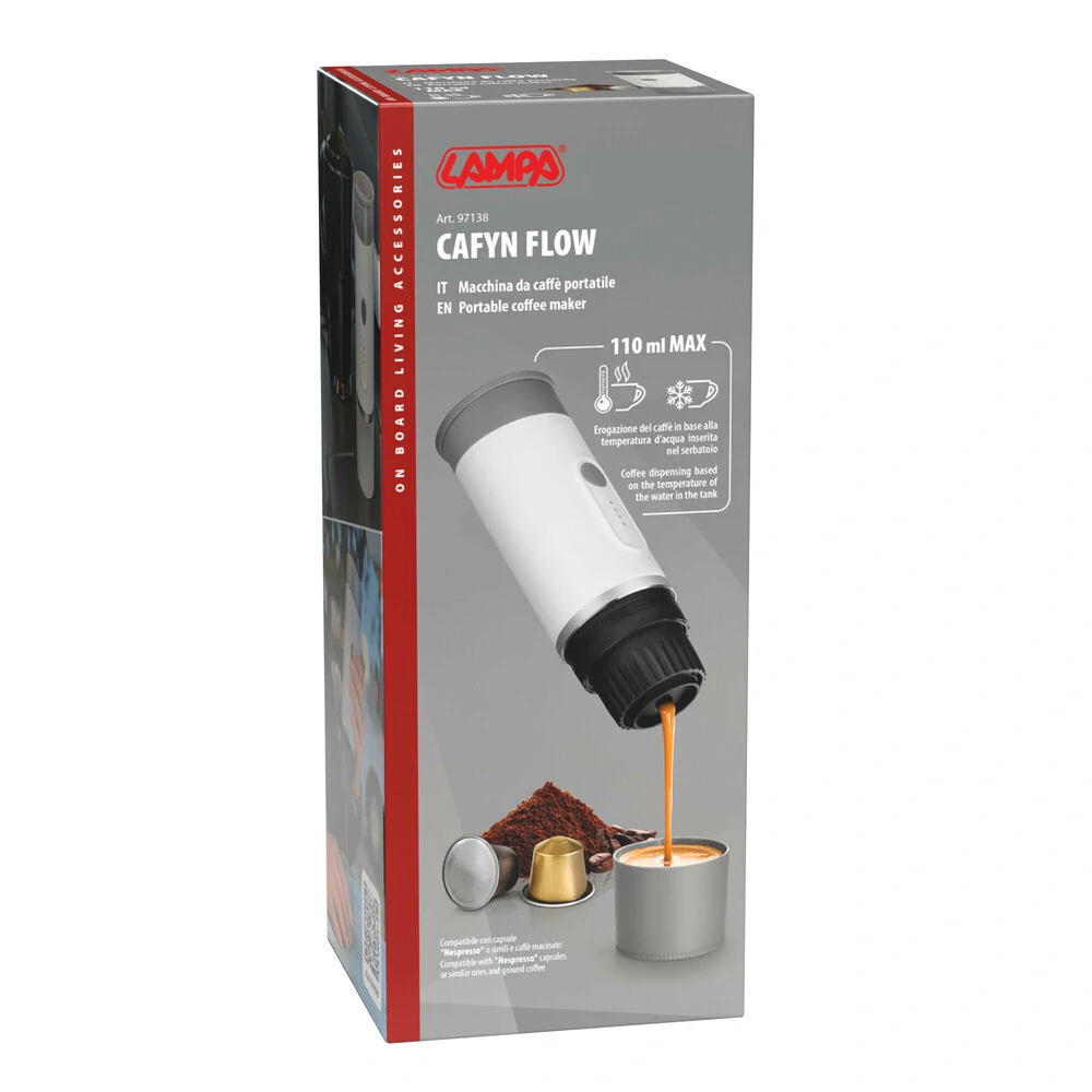 Přenosný kávovar Lampa Cafyn Flow 110 ml, 10 W, 1800 mAh, 15 bar, USB-C, mletá káva a kapsle Nespresso®