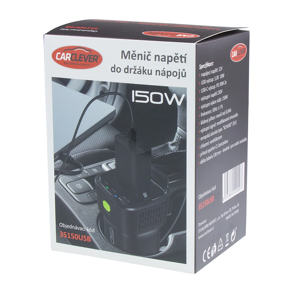 Interiérový měnič napětí z 12/230V/USB 300W (150W trvalý) do držáku nápojů