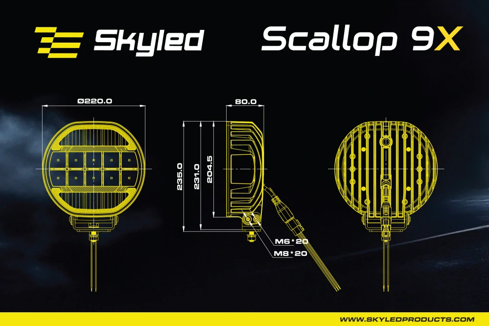 LED přídavný reflektor Skyled Scallop 9x 9", s dynamickým pozičním světlem, 10-32V, 180W, ECE R10/R148/R149