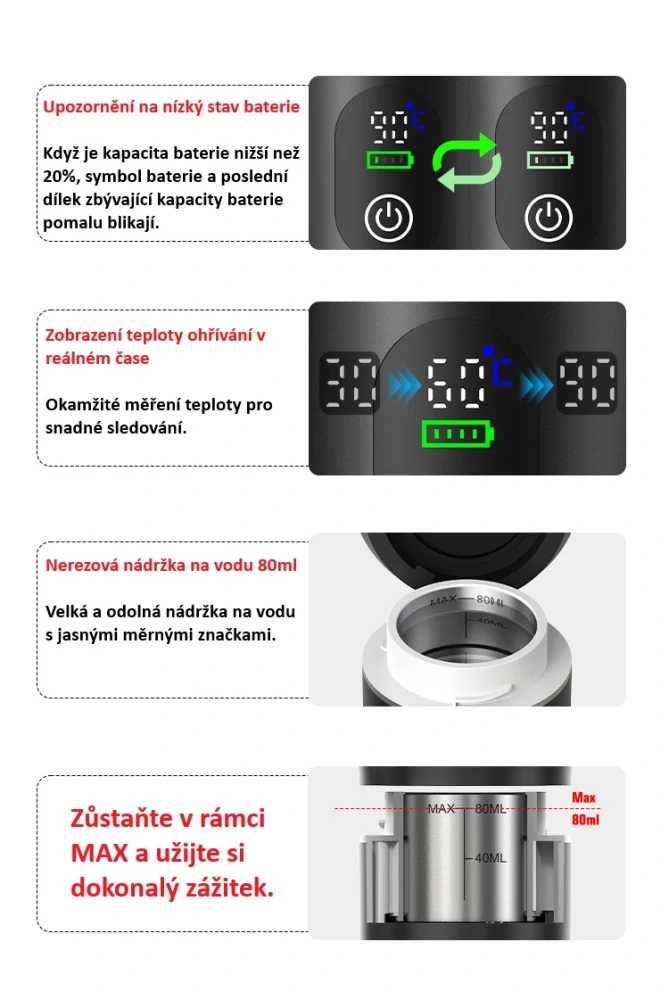 Cestovní kávovar Carclever na espresso 3v1, Nabíjecí, 40- 80 ml