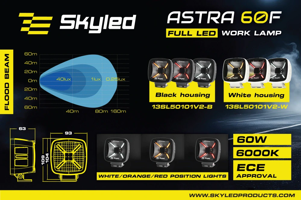 Pracovní LED světlo SKYLED Astra 60F Gen2, 6000 Lm, 60 W, 9-30 V, IP68, bílé poziční světlo, homologace