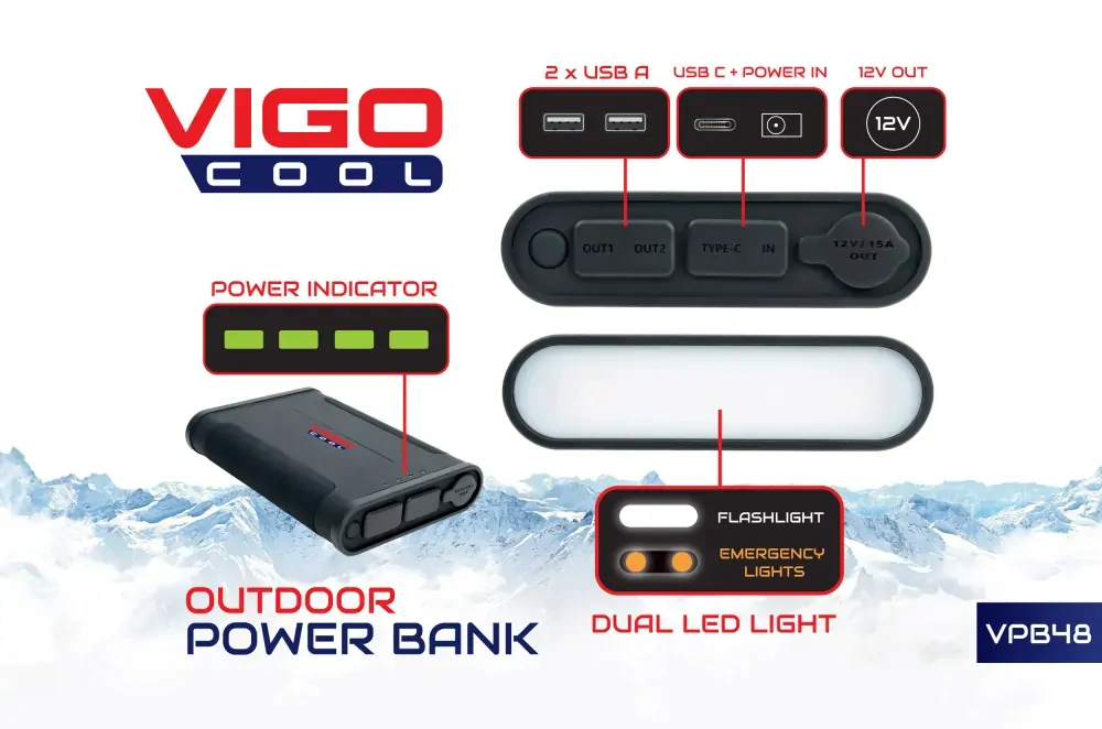 PowerBanka Vigo Cool 48000mAh, 2x USB, USB-C, Autozapalovač, Světlo