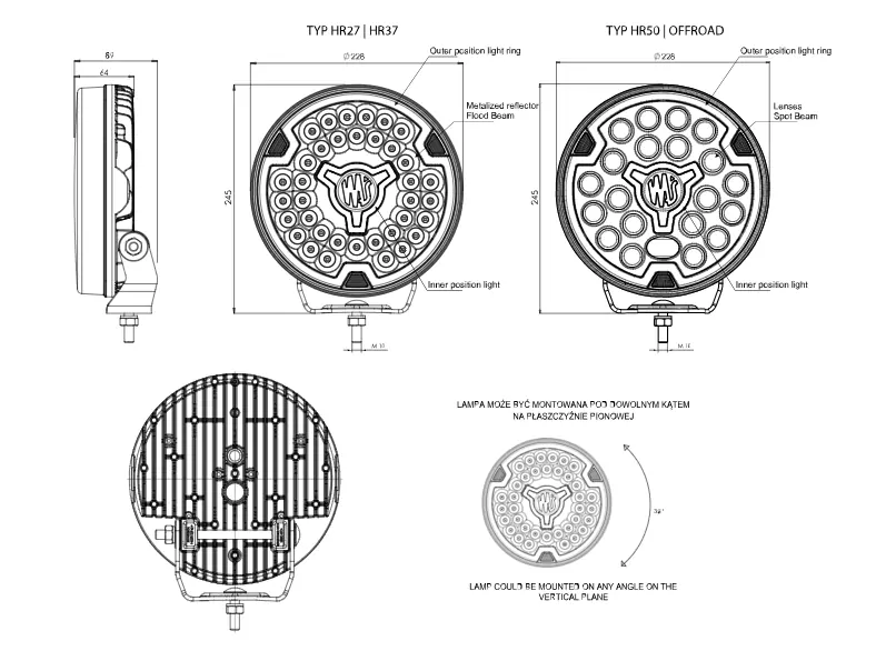 LED přídavný reflektor Waś 9" 228mm, s pozičním světlem, 12-24V, ECE