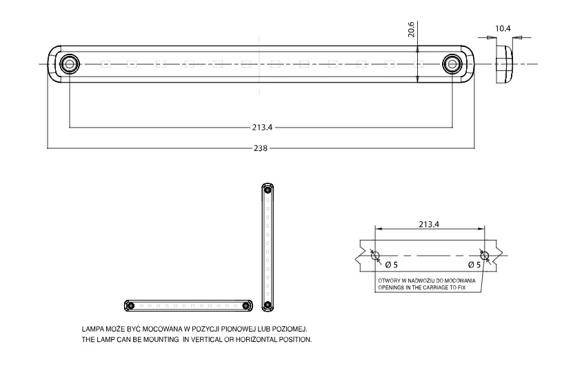 LED poziční světlo Waś 12-24V, 238mm, zatmavené