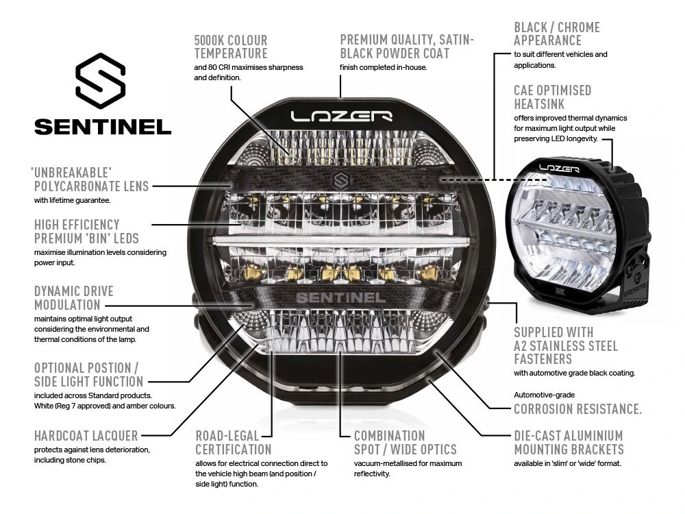 LED přídavné světlo LAZER SENTINEL ELITE 9" (228mm), gen.2, s dynamickým pozičním světlem, 10-32V, 15232lm, 5000K- bílý
