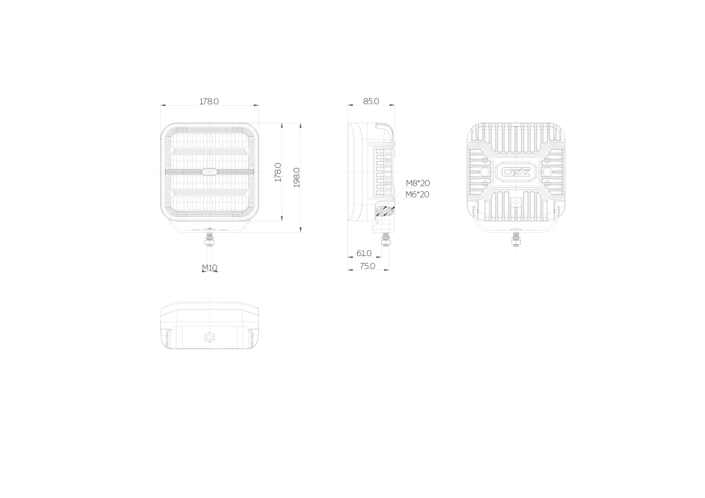 OZZ SQR 7" Dálkový světlomet 177,8mm, s pozičním světlem, strobo, 14000lm, 9-32V, ECE R10, 160W, černé
