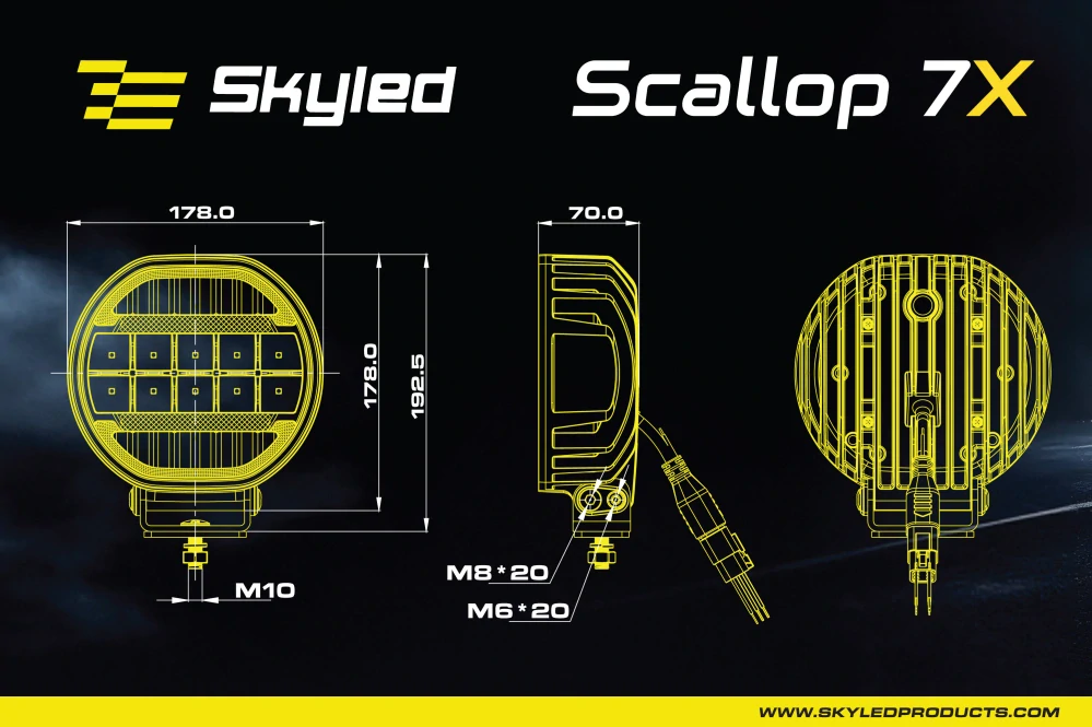 LED přídavný reflektor Skyled Scallop 7x 7", s dynamickým pozičním světlem, 10-32V, 90W, ECE R10/R148/R149