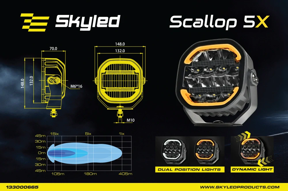 LED přídavný reflektor Skyled Scallop 5x 5", s dynamickým pozičním, 10-32V, 70W, ECE R10/R148/R149