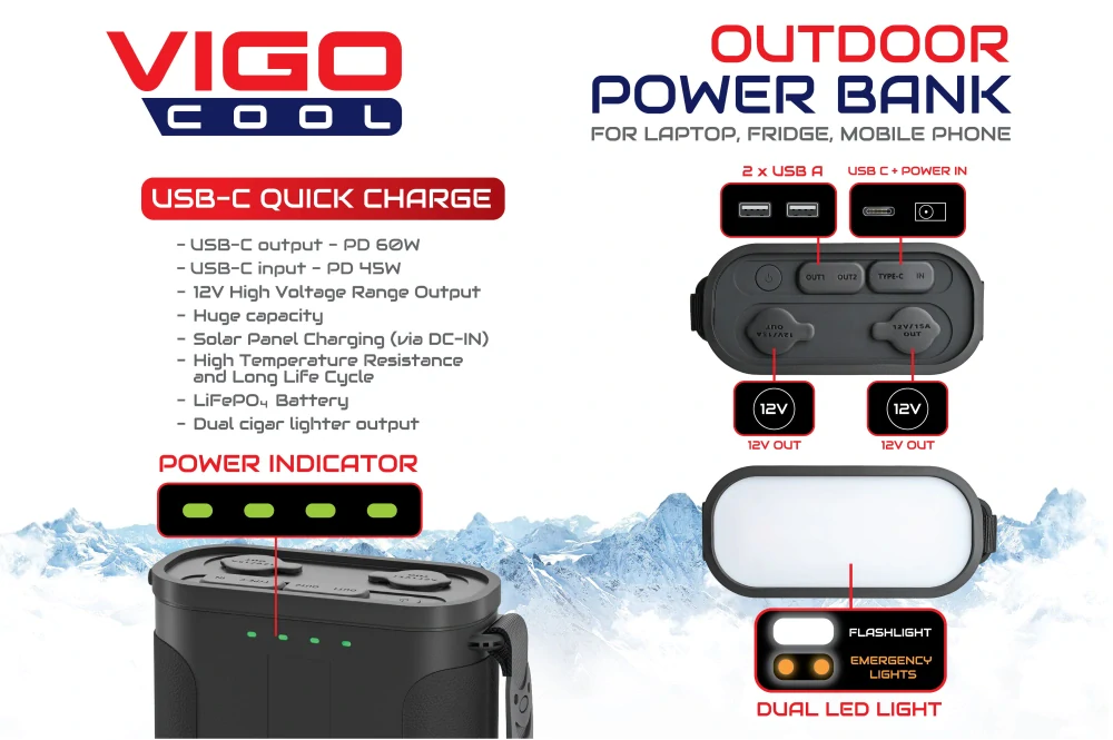 PowerBanka Vigo Cool 96000mAh, 2x USB, USB-C, Autozapalovač, Světlo
