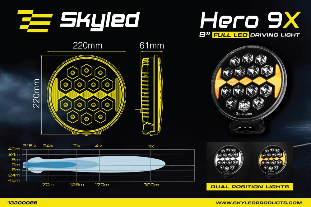 Přídavný dálkový LED světlomet SKYLED HERO 9X, 220mm, 14000lm, 100W, bílá/oranžová pozička