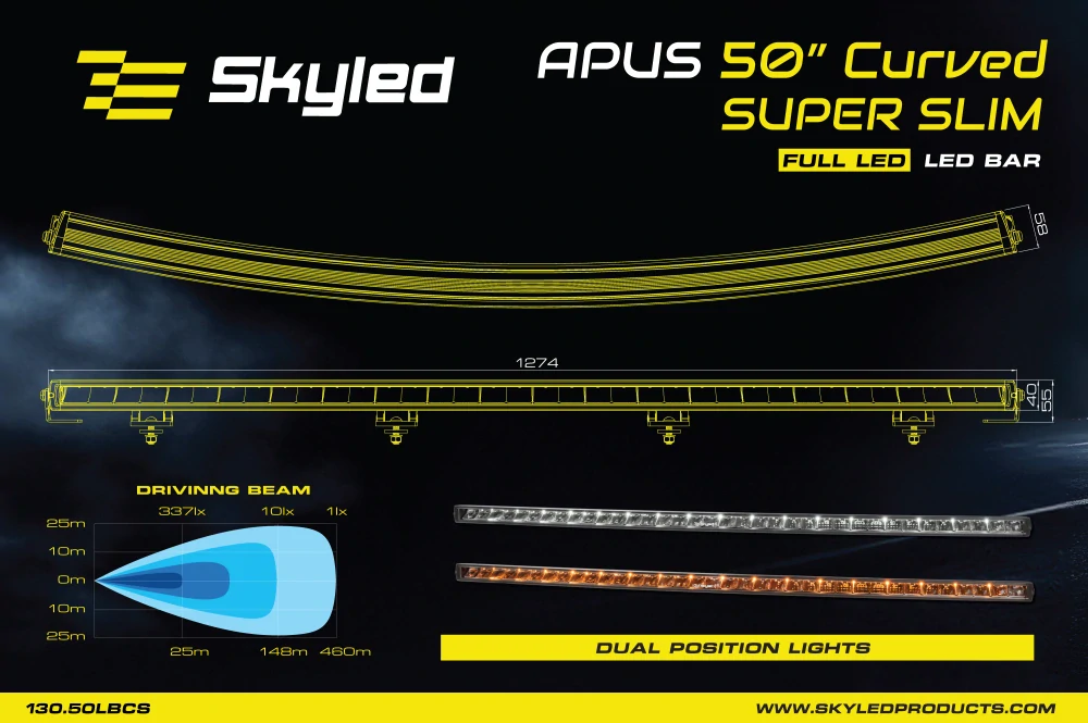 LED rampa SKYLED APUS CURVED 50" 1274 mm SUPER SLIM, 252 W, 22200 lm- bílá/oranžová pozička
