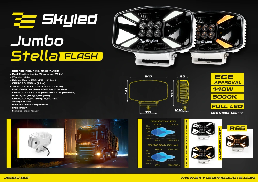 LED světlomet Skyled Jumbo Stella Flash (247mm), s dynamickým pozičním světlem, strobo, 9-36V, 140W, 11000lm, R10/R65/R148/R149, bilý