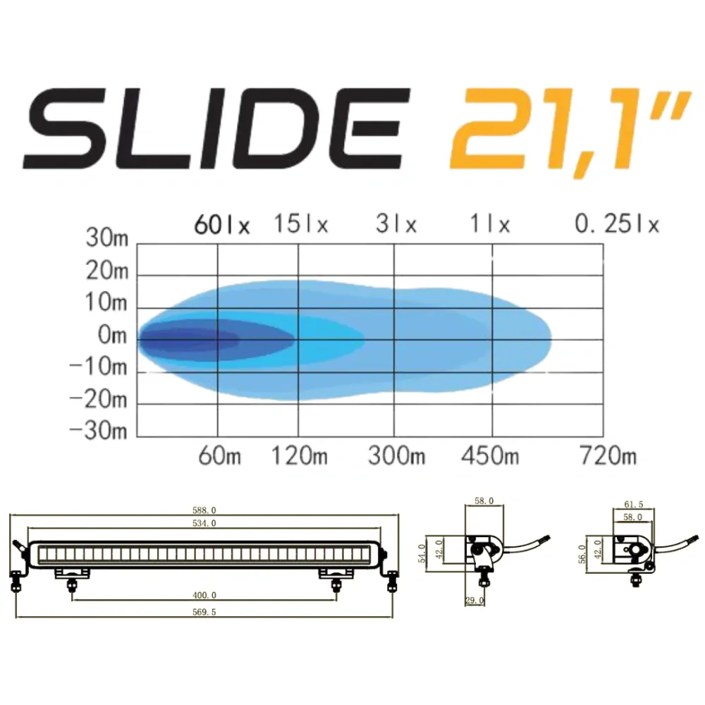 LED rampa SKYLED Slide 21,1" 588 mm, s pozičním světlem, 12-48V, 90W, 6753Lm, R112, R10